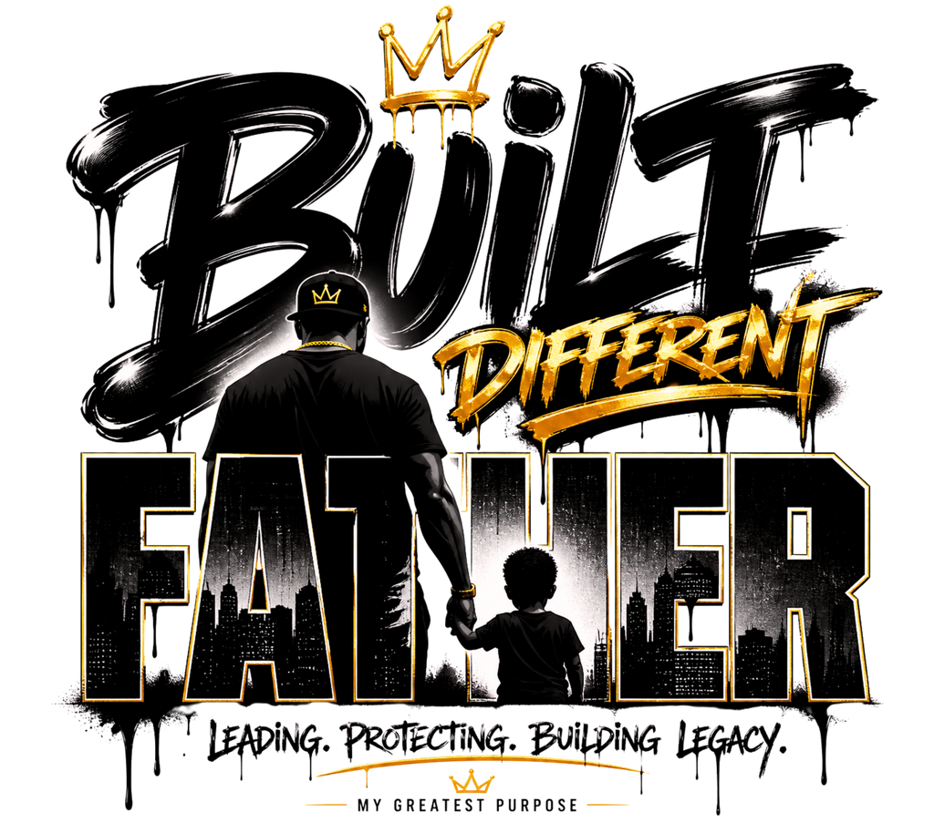 Built Different Father Tee — bold black and gold DTF graphic with crown, father and child silhouette, city skyline