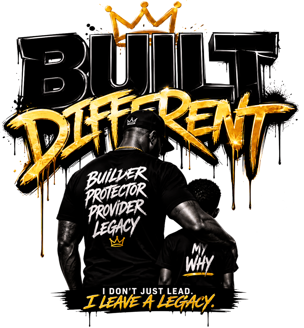 Built Different Father Tee Vol. 2 — black and gold DTF graphic, father and child, Builder Protector Provider Legacy