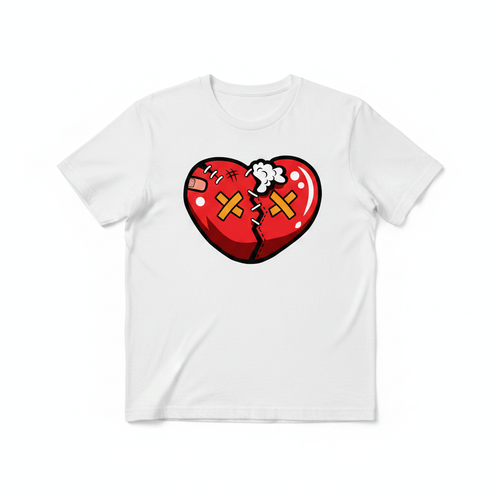 White t-shirt mockup with broken heart graphic