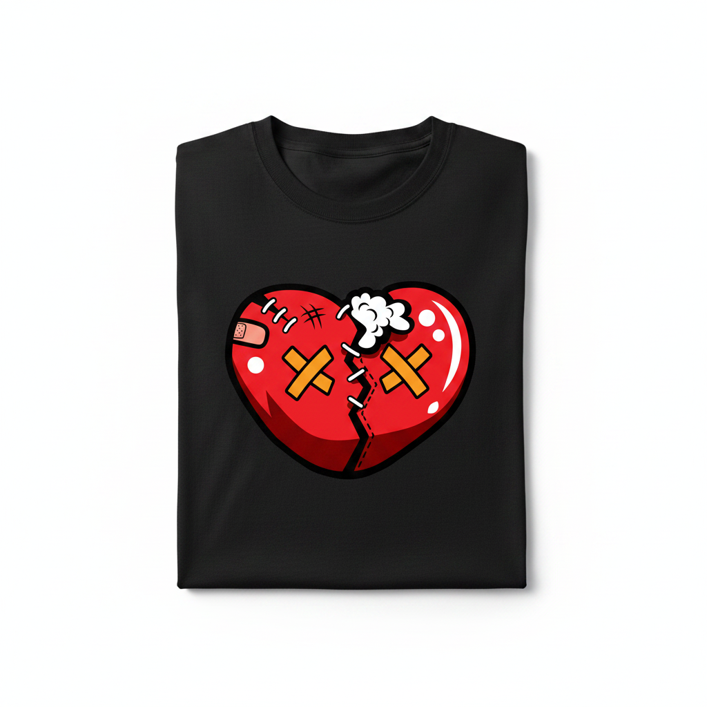 Black t-shirt mockup with broken heart graphic