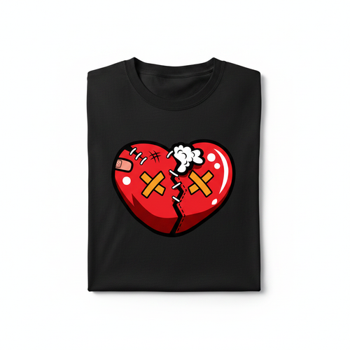 Black t-shirt mockup with broken heart graphic