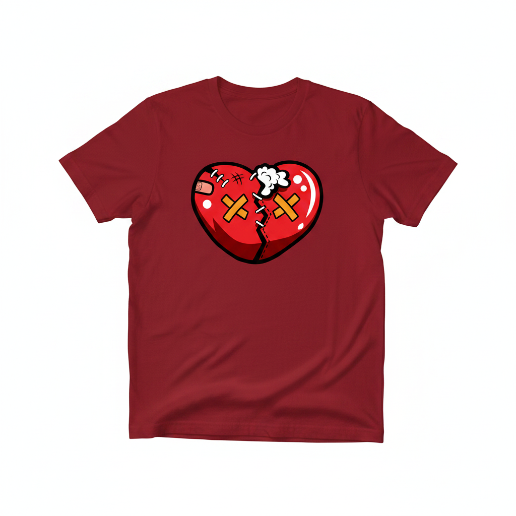 Red t-shirt mockup with broken heart graphic